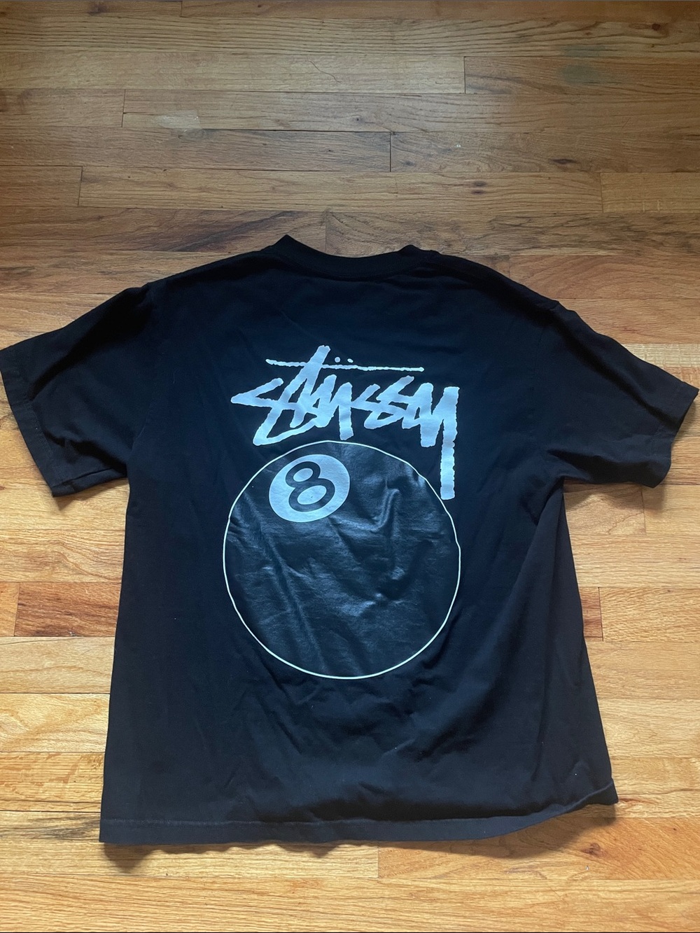 Stussy Black Short-Sleeve Tee with White 8-Ball Back Graphic